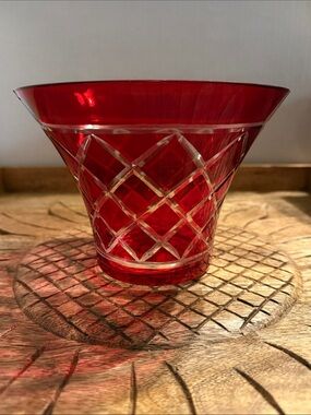 Vintage FTD Red Cut Glass Decorative Vase - Elegant Crystal Accent w flared rim
